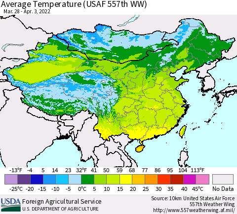 China, Mongolia and Taiwan Average Temperature (USAF 557th WW) Thematic Map For 3/28/2022 - 4/3/2022