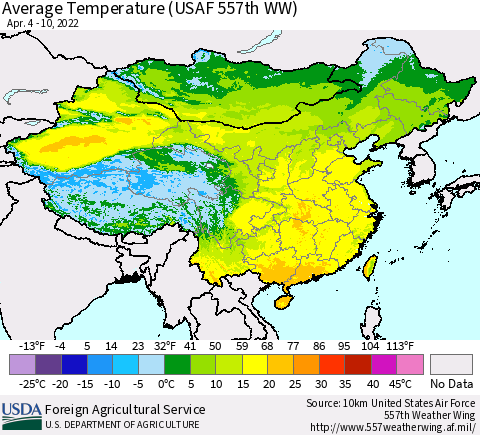 China, Mongolia and Taiwan Average Temperature (USAF 557th WW) Thematic Map For 4/4/2022 - 4/10/2022