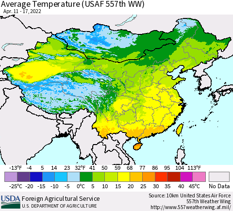 China, Mongolia and Taiwan Average Temperature (USAF 557th WW) Thematic Map For 4/11/2022 - 4/17/2022