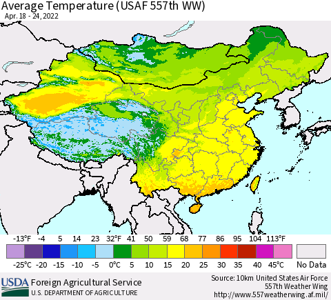 China, Mongolia and Taiwan Average Temperature (USAF 557th WW) Thematic Map For 4/18/2022 - 4/24/2022