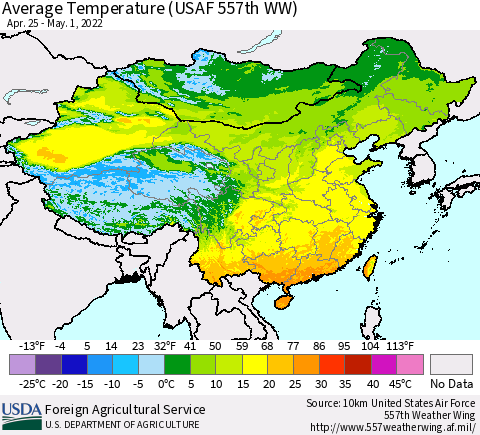 China, Mongolia and Taiwan Average Temperature (USAF 557th WW) Thematic Map For 4/25/2022 - 5/1/2022