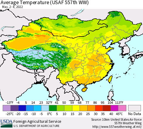China, Mongolia and Taiwan Average Temperature (USAF 557th WW) Thematic Map For 5/2/2022 - 5/8/2022