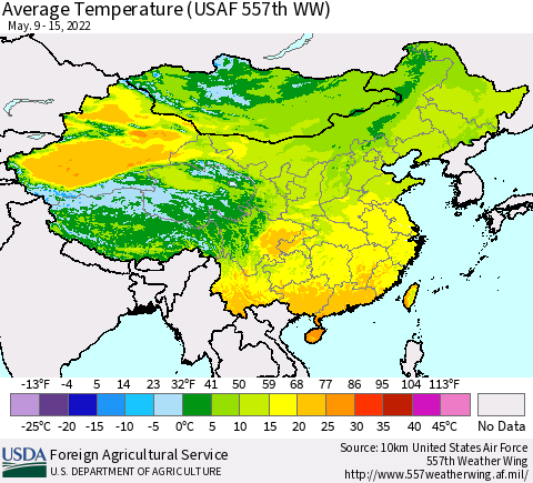 China, Mongolia and Taiwan Average Temperature (USAF 557th WW) Thematic Map For 5/9/2022 - 5/15/2022