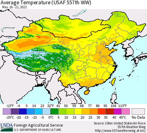 China, Mongolia and Taiwan Average Temperature (USAF 557th WW) Thematic Map For 5/16/2022 - 5/22/2022