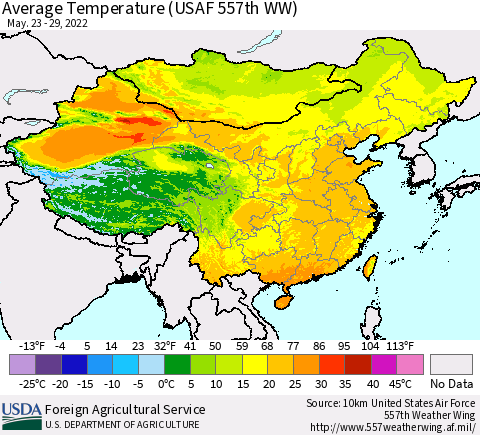 China, Mongolia and Taiwan Average Temperature (USAF 557th WW) Thematic Map For 5/23/2022 - 5/29/2022