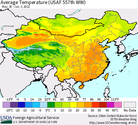 China, Mongolia and Taiwan Average Temperature (USAF 557th WW) Thematic Map For 5/30/2022 - 6/5/2022