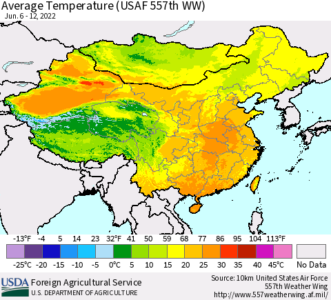 China, Mongolia and Taiwan Average Temperature (USAF 557th WW) Thematic Map For 6/6/2022 - 6/12/2022