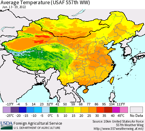 China, Mongolia and Taiwan Average Temperature (USAF 557th WW) Thematic Map For 6/13/2022 - 6/19/2022