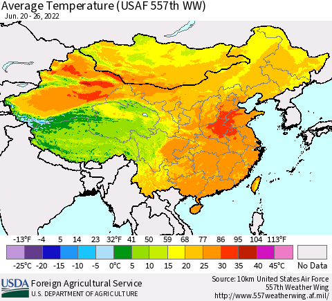China, Mongolia and Taiwan Average Temperature (USAF 557th WW) Thematic Map For 6/20/2022 - 6/26/2022