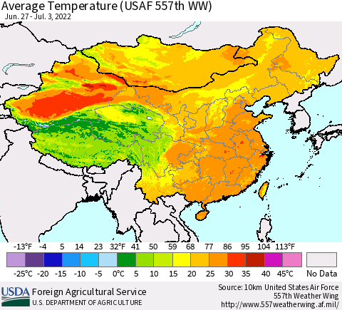 China, Mongolia and Taiwan Average Temperature (USAF 557th WW) Thematic Map For 6/27/2022 - 7/3/2022