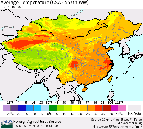 China, Mongolia and Taiwan Average Temperature (USAF 557th WW) Thematic Map For 7/4/2022 - 7/10/2022