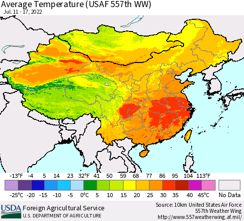 China, Mongolia and Taiwan Average Temperature (USAF 557th WW) Thematic Map For 7/11/2022 - 7/17/2022