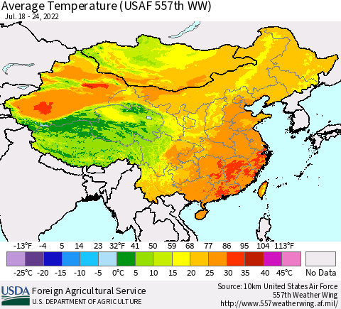 China, Mongolia and Taiwan Average Temperature (USAF 557th WW) Thematic Map For 7/18/2022 - 7/24/2022
