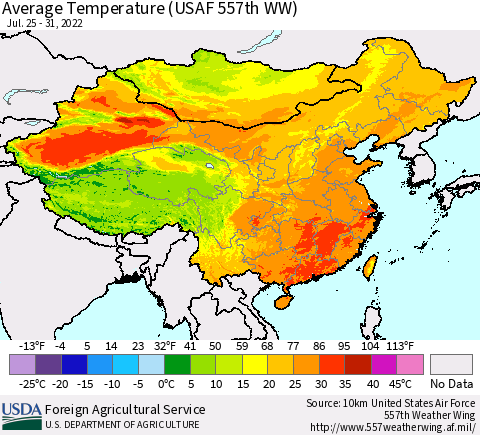 China, Mongolia and Taiwan Average Temperature (USAF 557th WW) Thematic Map For 7/25/2022 - 7/31/2022