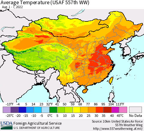 China, Mongolia and Taiwan Average Temperature (USAF 557th WW) Thematic Map For 8/1/2022 - 8/7/2022