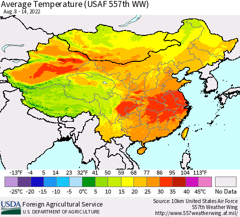 China, Mongolia and Taiwan Average Temperature (USAF 557th WW) Thematic Map For 8/8/2022 - 8/14/2022