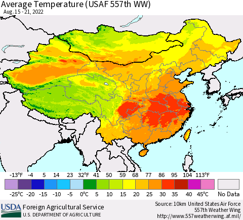 China, Mongolia and Taiwan Average Temperature (USAF 557th WW) Thematic Map For 8/15/2022 - 8/21/2022