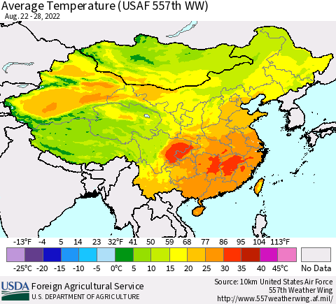 China, Mongolia and Taiwan Average Temperature (USAF 557th WW) Thematic Map For 8/22/2022 - 8/28/2022