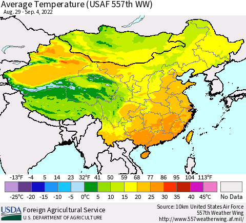 China, Mongolia and Taiwan Average Temperature (USAF 557th WW) Thematic Map For 8/29/2022 - 9/4/2022