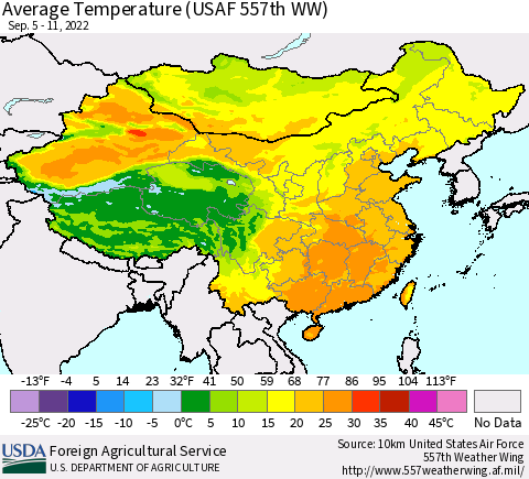 China, Mongolia and Taiwan Average Temperature (USAF 557th WW) Thematic Map For 9/5/2022 - 9/11/2022