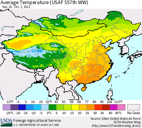 China, Mongolia and Taiwan Average Temperature (USAF 557th WW) Thematic Map For 9/26/2022 - 10/2/2022