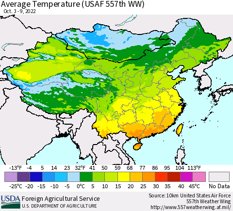 China, Mongolia and Taiwan Average Temperature (USAF 557th WW) Thematic Map For 10/3/2022 - 10/9/2022