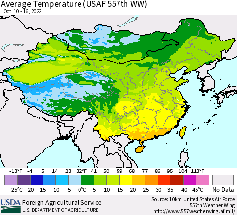 China, Mongolia and Taiwan Average Temperature (USAF 557th WW) Thematic Map For 10/10/2022 - 10/16/2022