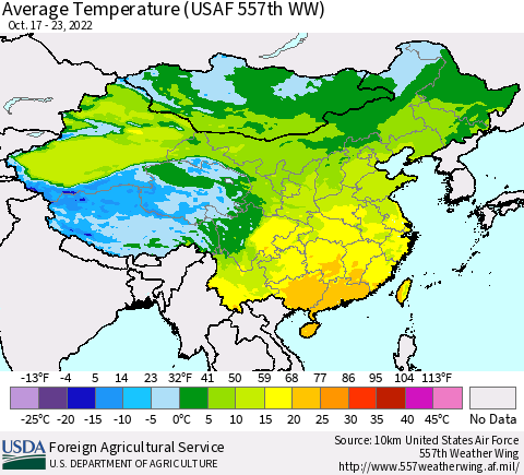 China, Mongolia and Taiwan Average Temperature (USAF 557th WW) Thematic Map For 10/17/2022 - 10/23/2022