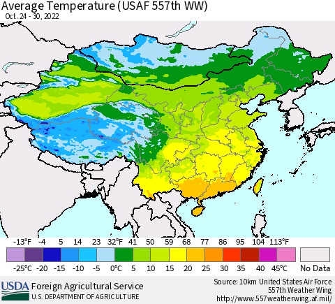 China, Mongolia and Taiwan Average Temperature (USAF 557th WW) Thematic Map For 10/24/2022 - 10/30/2022