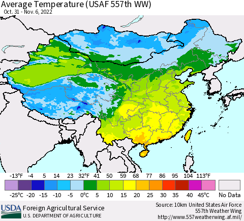 China, Mongolia and Taiwan Average Temperature (USAF 557th WW) Thematic Map For 10/31/2022 - 11/6/2022