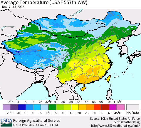 China, Mongolia and Taiwan Average Temperature (USAF 557th WW) Thematic Map For 11/7/2022 - 11/13/2022