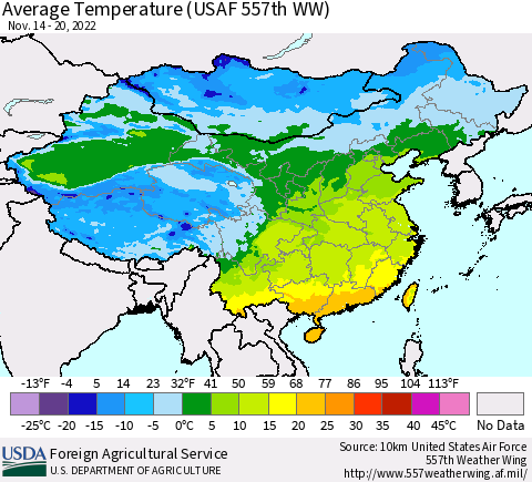 China, Mongolia and Taiwan Average Temperature (USAF 557th WW) Thematic Map For 11/14/2022 - 11/20/2022