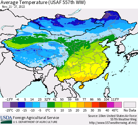China, Mongolia and Taiwan Average Temperature (USAF 557th WW) Thematic Map For 11/21/2022 - 11/27/2022