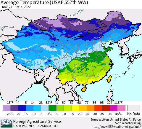 China, Mongolia and Taiwan Average Temperature (USAF 557th WW) Thematic Map For 11/28/2022 - 12/4/2022