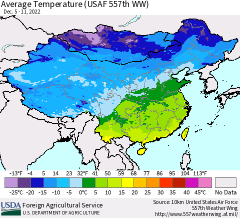 China, Mongolia and Taiwan Average Temperature (USAF 557th WW) Thematic Map For 12/5/2022 - 12/11/2022