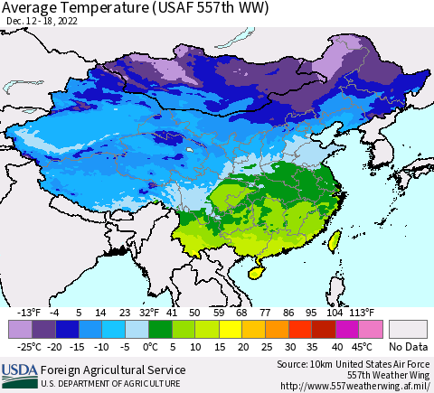 China, Mongolia and Taiwan Average Temperature (USAF 557th WW) Thematic Map For 12/12/2022 - 12/18/2022