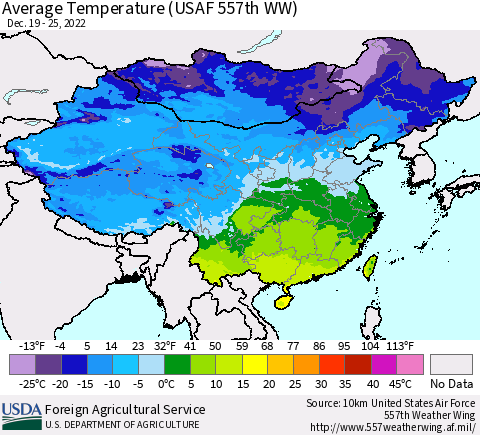 China, Mongolia and Taiwan Average Temperature (USAF 557th WW) Thematic Map For 12/19/2022 - 12/25/2022
