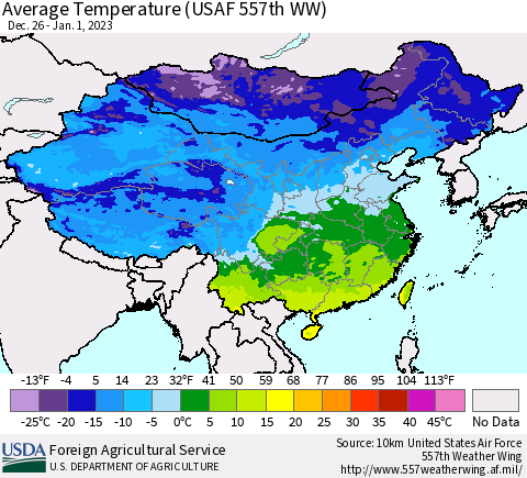 China, Mongolia and Taiwan Average Temperature (USAF 557th WW) Thematic Map For 12/26/2022 - 1/1/2023