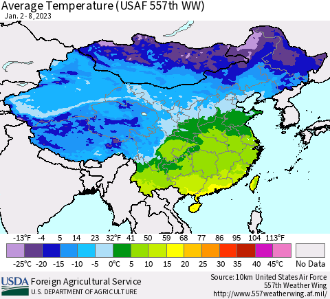 China, Mongolia and Taiwan Average Temperature (USAF 557th WW) Thematic Map For 1/2/2023 - 1/8/2023