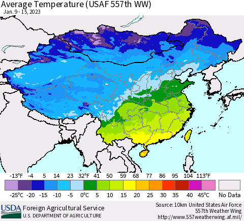 China, Mongolia and Taiwan Average Temperature (USAF 557th WW) Thematic Map For 1/9/2023 - 1/15/2023