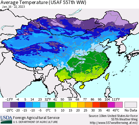 China, Mongolia and Taiwan Average Temperature (USAF 557th WW) Thematic Map For 1/16/2023 - 1/22/2023