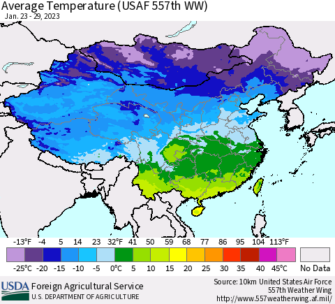 China, Mongolia and Taiwan Average Temperature (USAF 557th WW) Thematic Map For 1/23/2023 - 1/29/2023