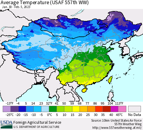 China, Mongolia and Taiwan Average Temperature (USAF 557th WW) Thematic Map For 1/30/2023 - 2/5/2023