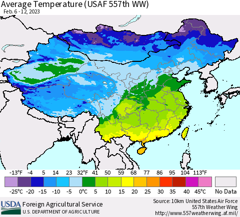 China, Mongolia and Taiwan Average Temperature (USAF 557th WW) Thematic Map For 2/6/2023 - 2/12/2023