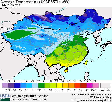 China, Mongolia and Taiwan Average Temperature (USAF 557th WW) Thematic Map For 2/13/2023 - 2/19/2023