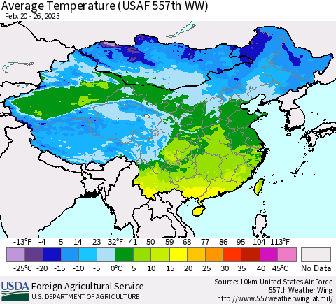 China, Mongolia and Taiwan Average Temperature (USAF 557th WW) Thematic Map For 2/20/2023 - 2/26/2023