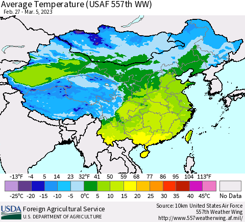 China, Mongolia and Taiwan Average Temperature (USAF 557th WW) Thematic Map For 2/27/2023 - 3/5/2023