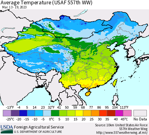 China, Mongolia and Taiwan Average Temperature (USAF 557th WW) Thematic Map For 3/13/2023 - 3/19/2023