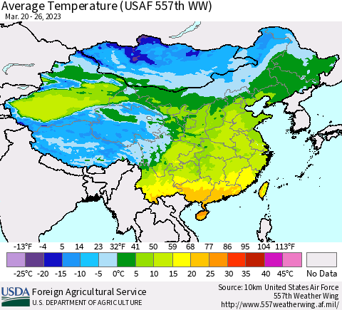 China, Mongolia and Taiwan Average Temperature (USAF 557th WW) Thematic Map For 3/20/2023 - 3/26/2023