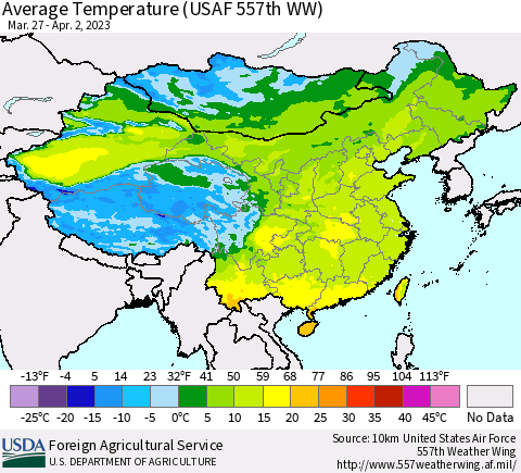 China, Mongolia and Taiwan Average Temperature (USAF 557th WW) Thematic Map For 3/27/2023 - 4/2/2023